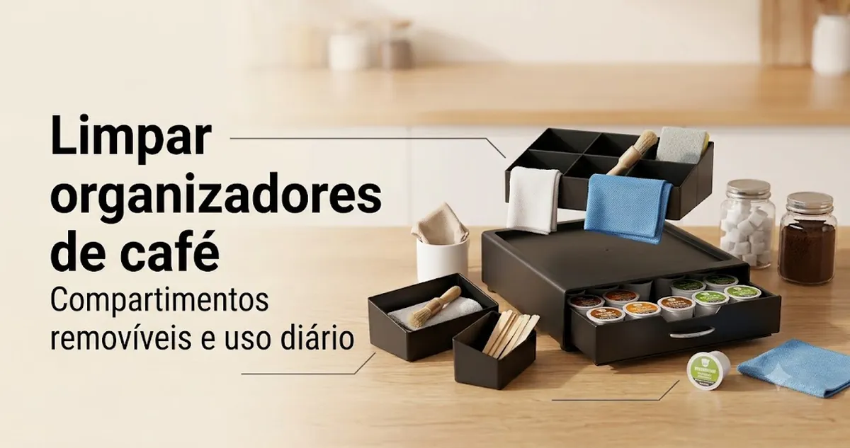 Organizador para estação de café com compartimentos removíveis sendo limpo e preparado para o uso diário