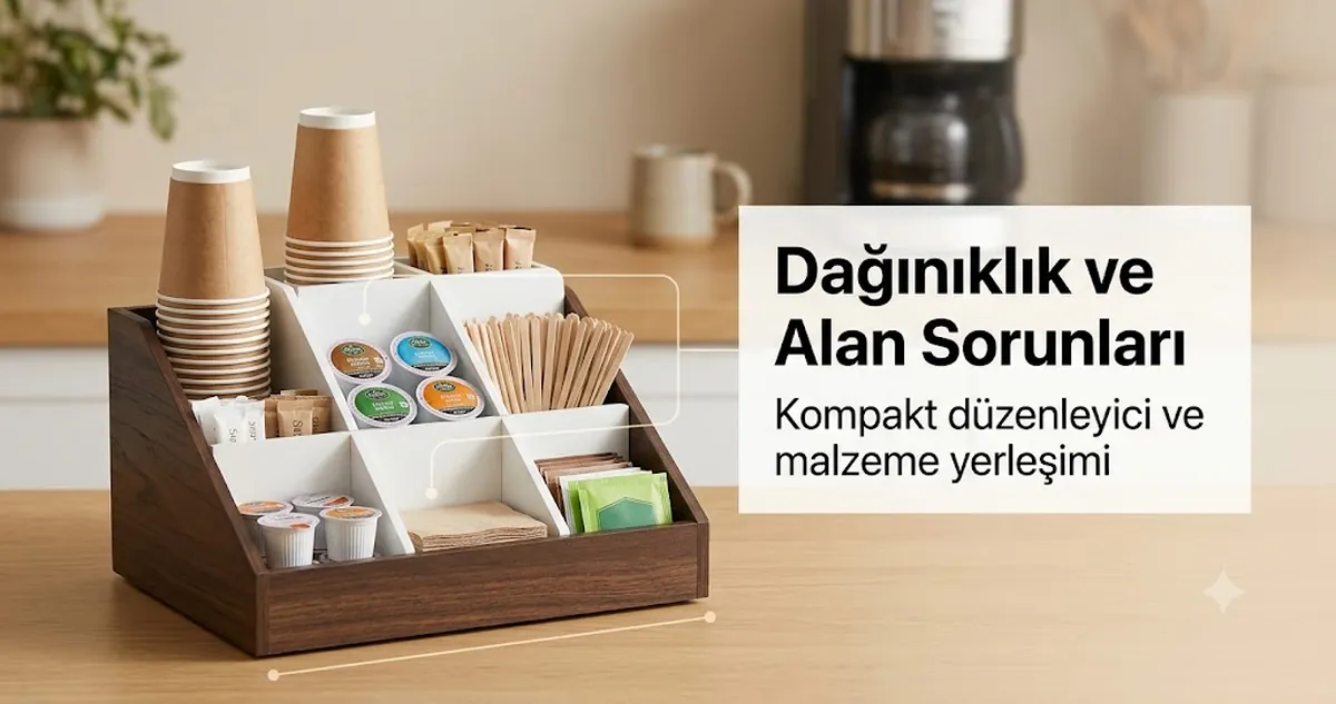 Kompakt bir düzenleyici, bölmeler ve daha iyi malzeme yerleşimiyle toparlanan dağınık kahve istasyonu