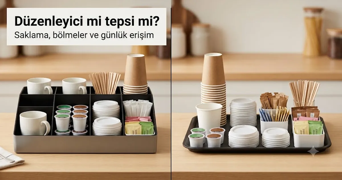 Tezgâh saklama, bölmeler ve günlük erişim açısından karşılaştırılan kahve istasyonu düzenleyicisi ve tepsi