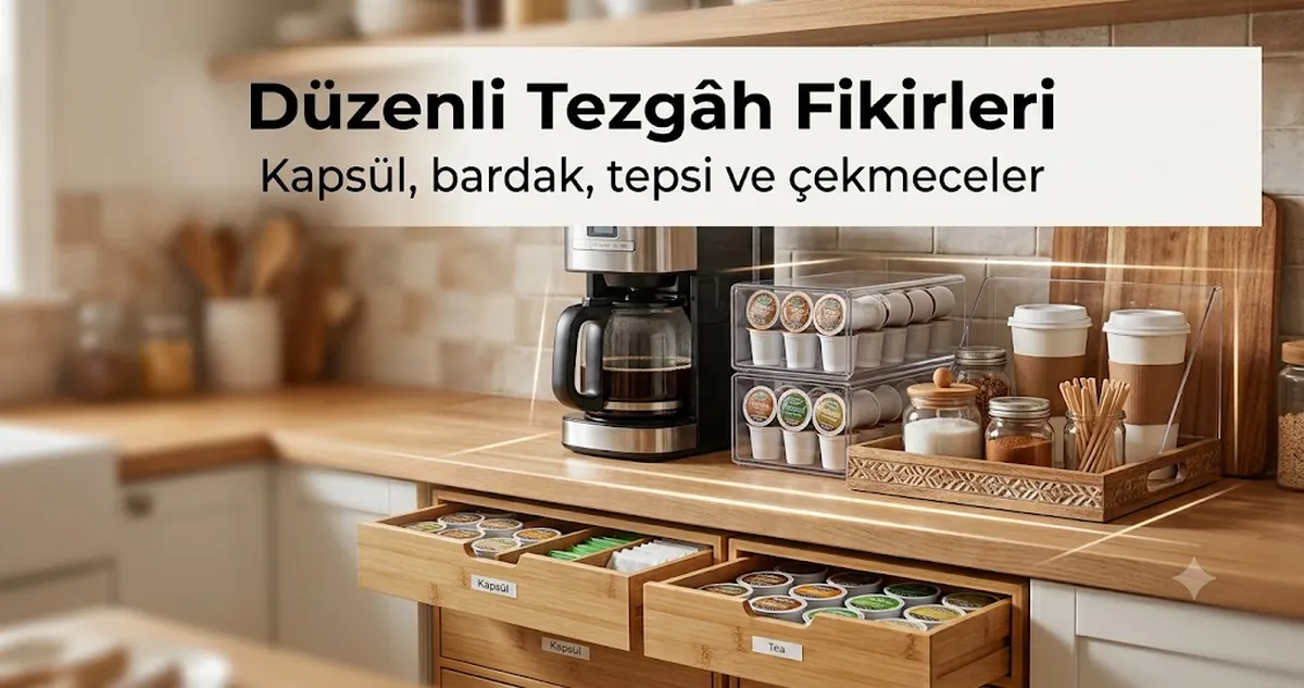 Kapsüller, bardaklar, tepsiler, çekmeceler ve çeşniler için düzenleyiciler kullanılan temiz tezgâhlı kahve istasyonu fikirleri