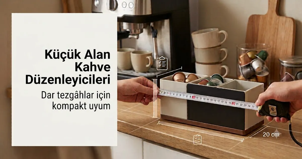 Dar bir tezgâhta üst üste yerleştirilmiş malzemelerle kullanılan kompakt kahve istasyonu düzenleyicisi