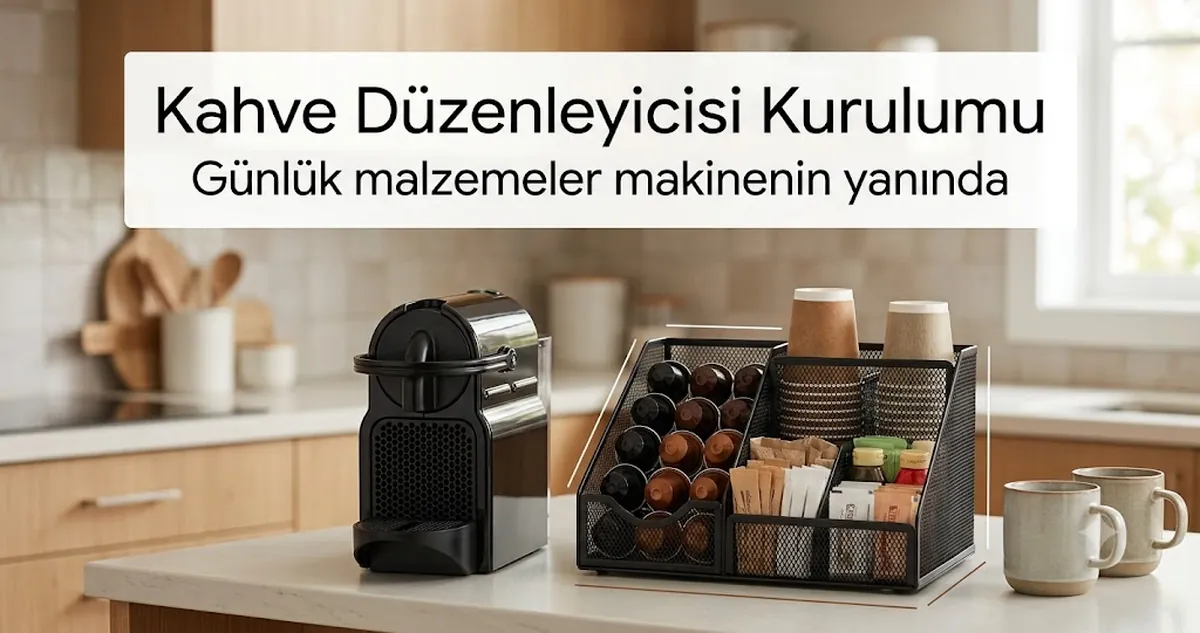 Kahve makinesinin yanında kapsüller, bardaklar, çeşniler ve günlük malzemelerle kurulmuş kahve istasyonu düzenleyicisi
