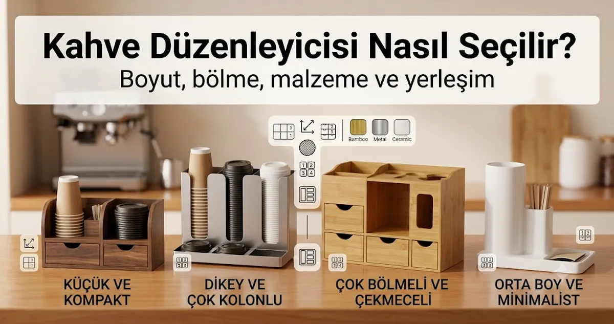 Boyut, bölme, malzeme ve tezgâh yerleşimine göre karşılaştırılan kahve istasyonu düzenleyici seçenekleri