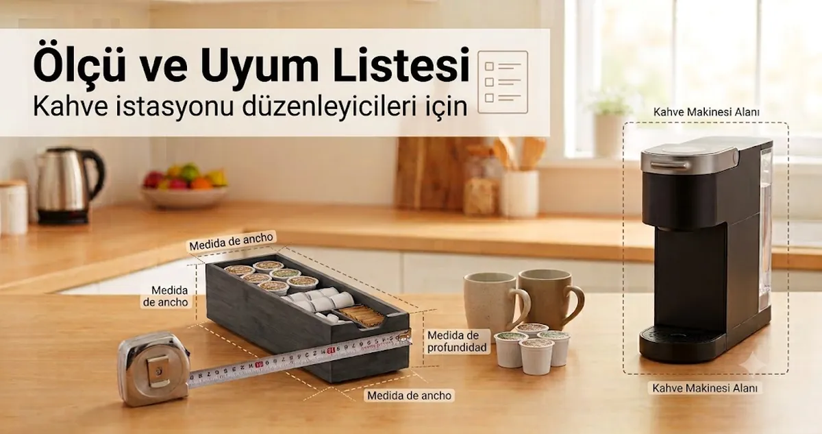 Bardaklar, kapsüller ve kahve makinesi alanı yanında tezgâh uyumu için ölçülen kahve istasyonu düzenleyicisi